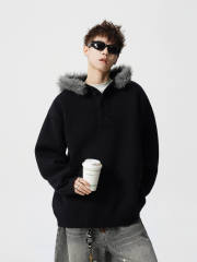 Made-to-order Oversized Black Hooded Knit Sweater with Gray Faux Fur Trim