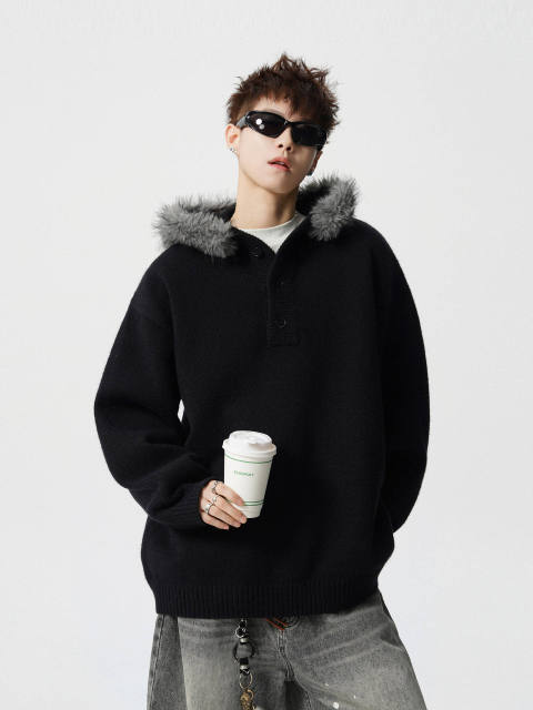 Made-to-order Oversized Black Hooded Knit Sweater with Gray Faux Fur Trim