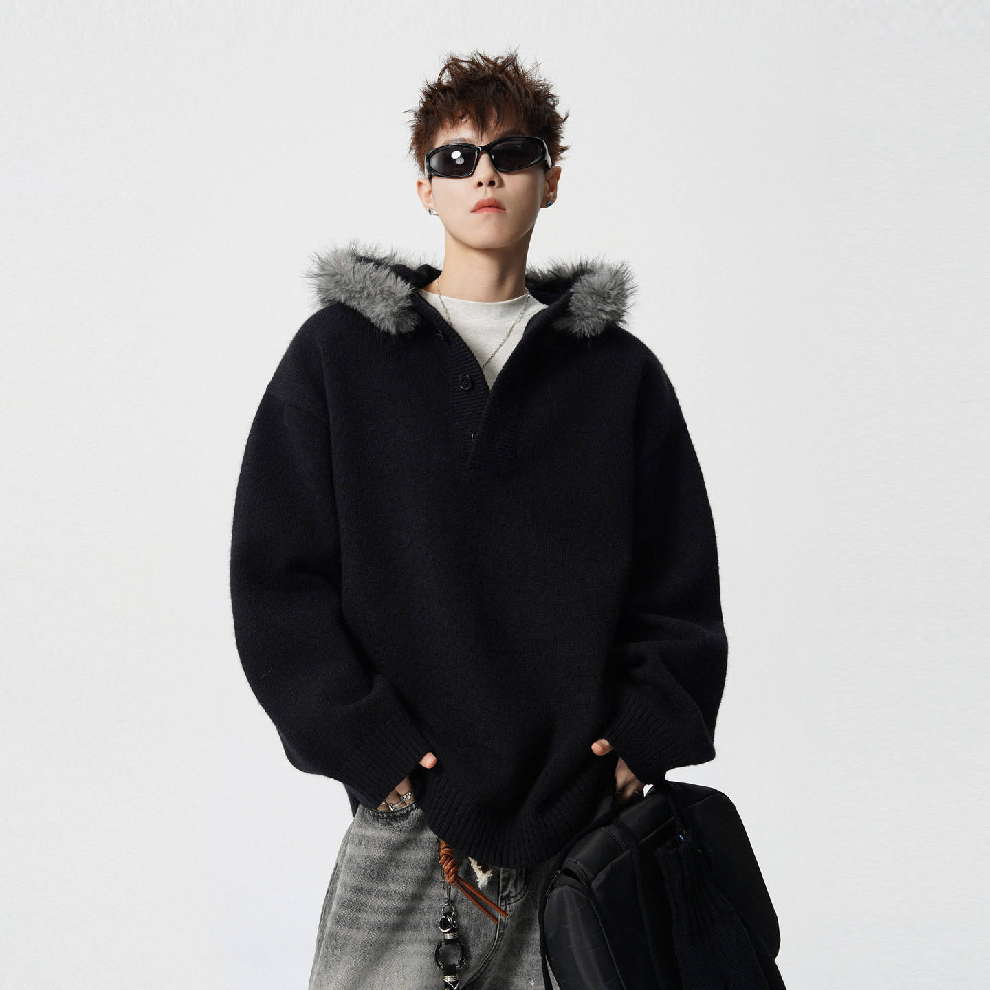 Made-to-order Oversized Black Hooded Knit Sweater with Gray Faux Fur Trim