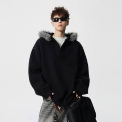 Made-to-order Oversized Black Hooded Knit Sweater with Gray Faux Fur Trim