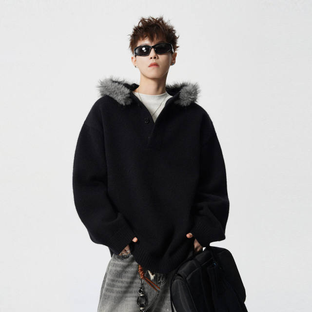 Made-to-order Oversized Black Hooded Knit Sweater with Gray Faux Fur Trim