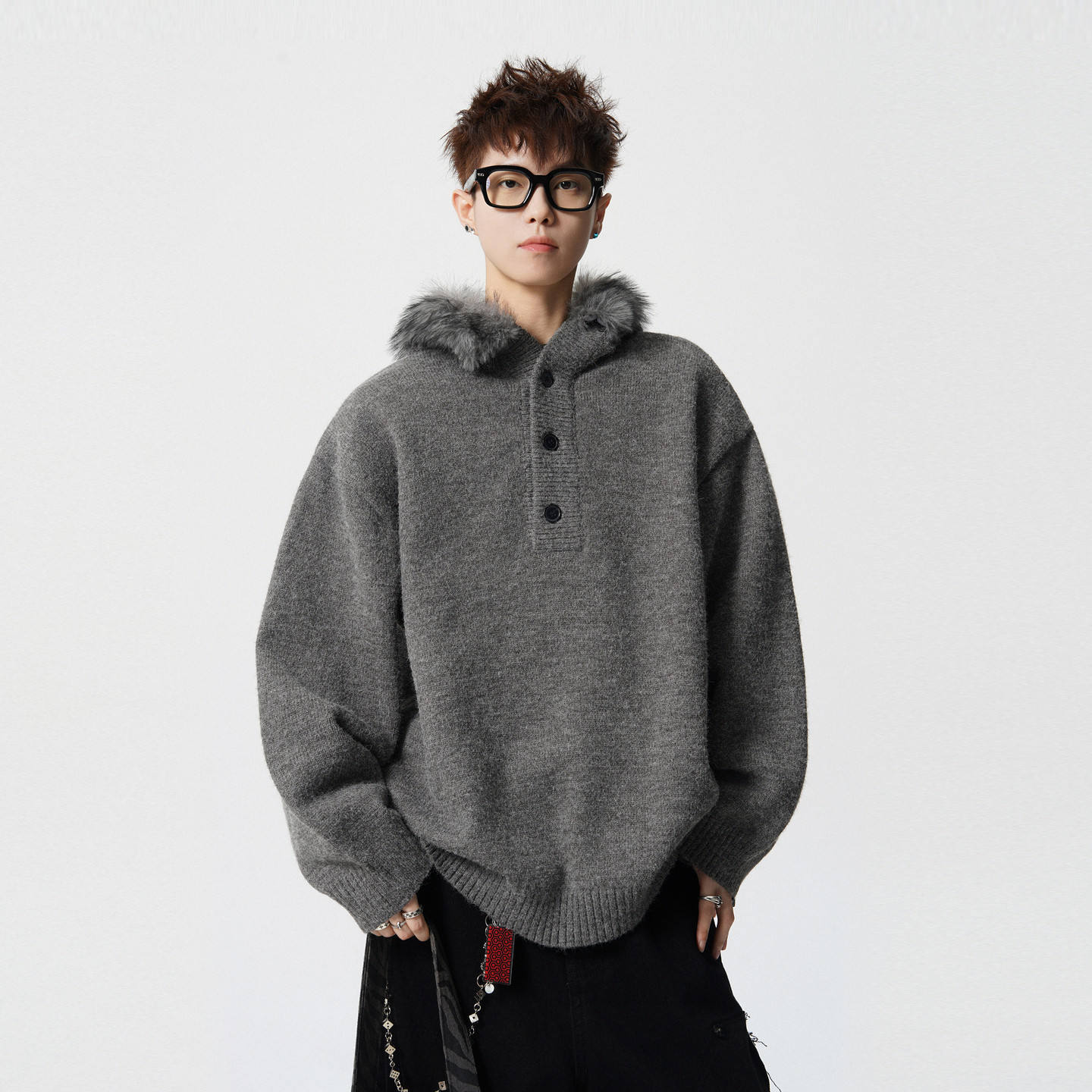 Made-to-order Oversized Black Hooded Knit Sweater with Gray Faux Fur Trim