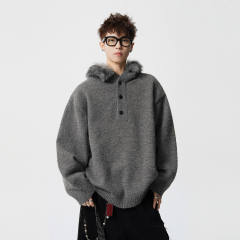 Made-to-order Oversized Black Hooded Knit Sweater with Gray Faux Fur Trim