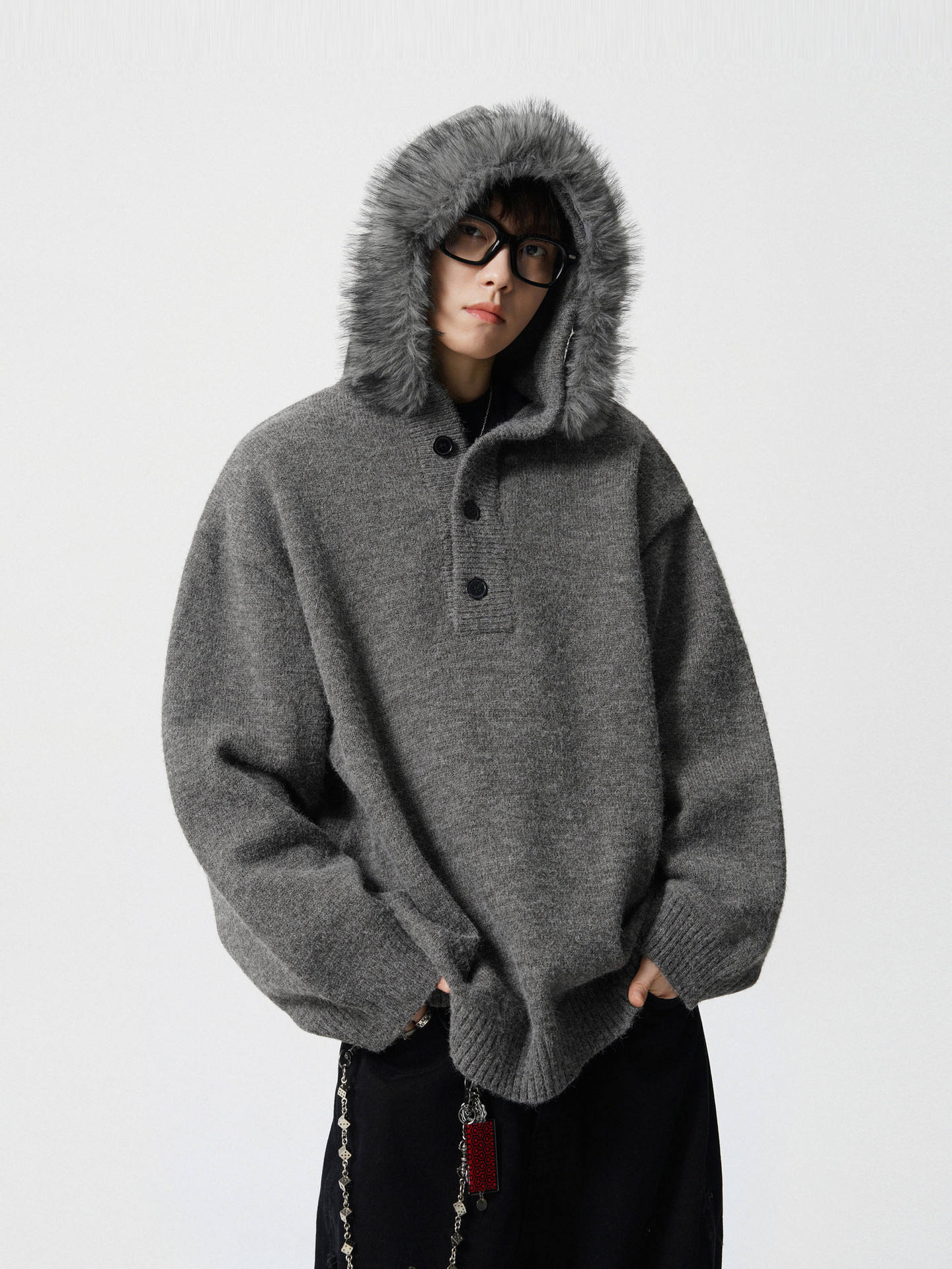Made-to-order Oversized Black Hooded Knit Sweater with Gray Faux Fur Trim