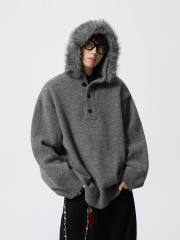 Made-to-order Oversized Black Hooded Knit Sweater with Gray Faux Fur Trim
