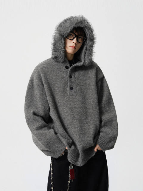 Made-to-order Oversized Black Hooded Knit Sweater with Gray Faux Fur Trim