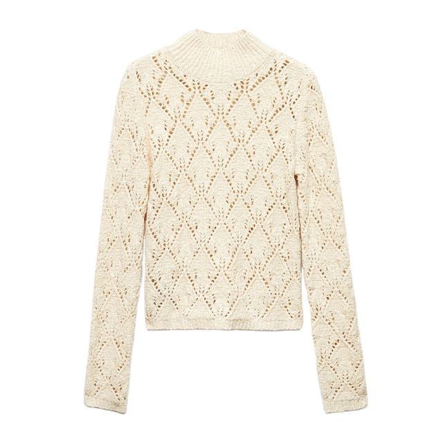 Made-to-order Ivory Openwork Cable Knit Mock Neck Sweater