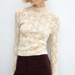 Made-to-order Ivory Openwork Cable Knit Mock Neck Sweater