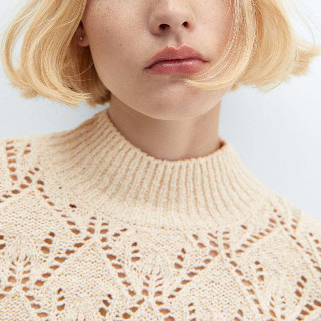 Made-to-order Ivory Openwork Cable Knit Mock Neck Sweater
