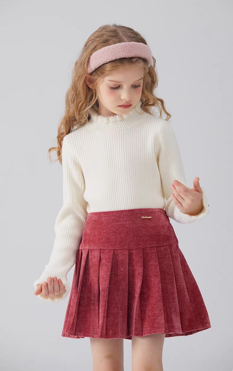 Wholesale Girls’ Ivory Ribbed Knit Top and Burgundy Velvet Pleated Skirt Set