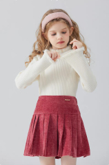 Wholesale Girls’ Ivory Ribbed Knit Top and Burgundy Velvet Pleated Skirt Set