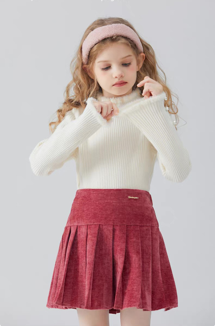Wholesale Girls’ Ivory Ribbed Knit Top and Burgundy Velvet Pleated Skirt Set