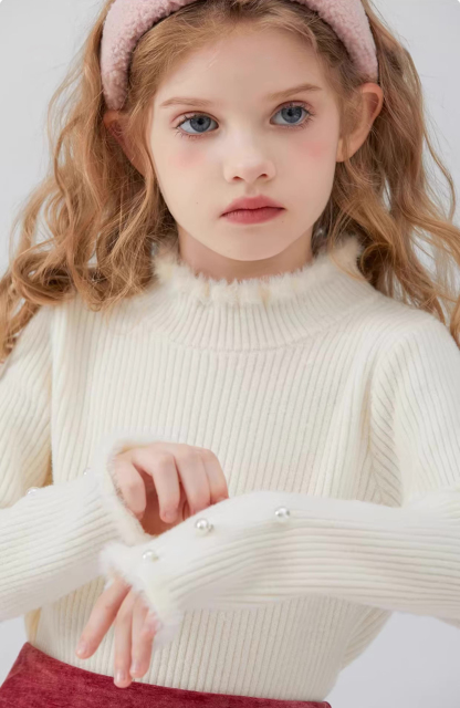 Wholesale Girls’ Ivory Ribbed Knit Top and Burgundy Velvet Pleated Skirt Set