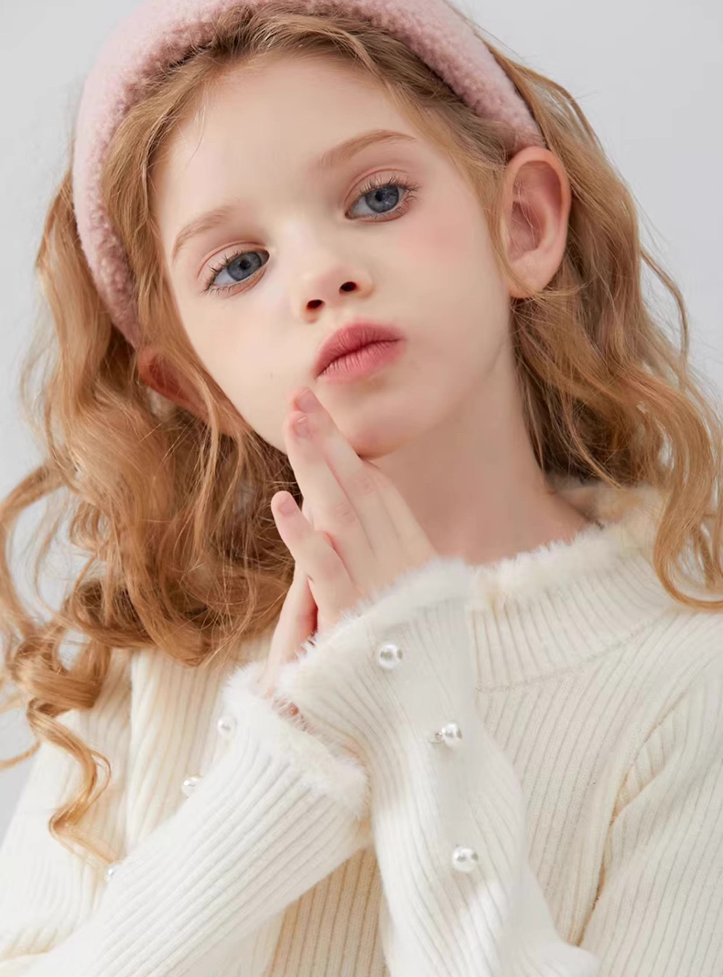 Wholesale Girls’ Ivory Ribbed Knit Top and Burgundy Velvet Pleated Skirt Set