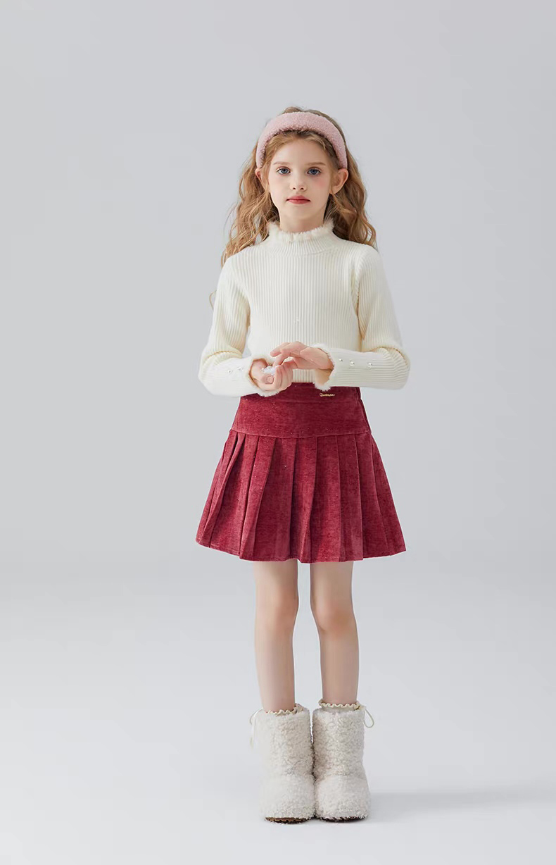 Wholesale Girls’ Ivory Ribbed Knit Top and Burgundy Velvet Pleated Skirt Set