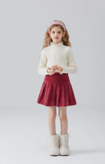 Wholesale Girls’ Ivory Ribbed Knit Top and Burgundy Velvet Pleated Skirt Set