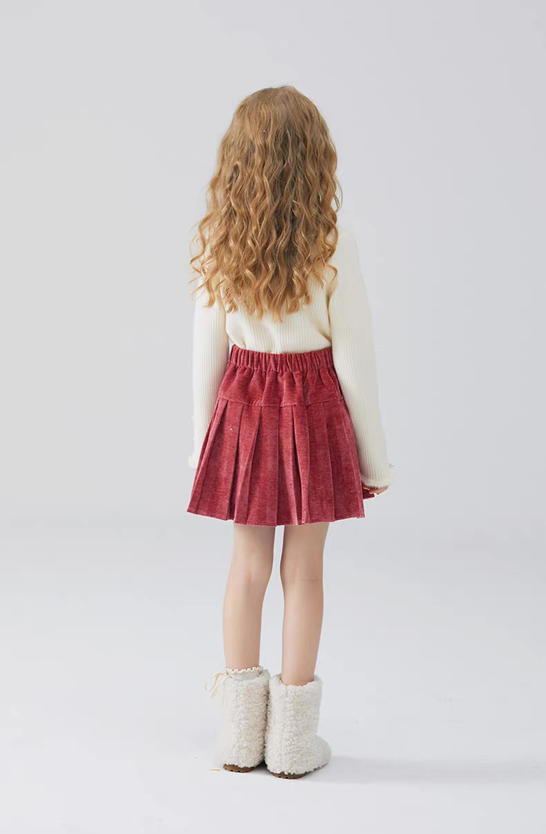 Wholesale Girls’ Ivory Ribbed Knit Top and Burgundy Velvet Pleated Skirt Set