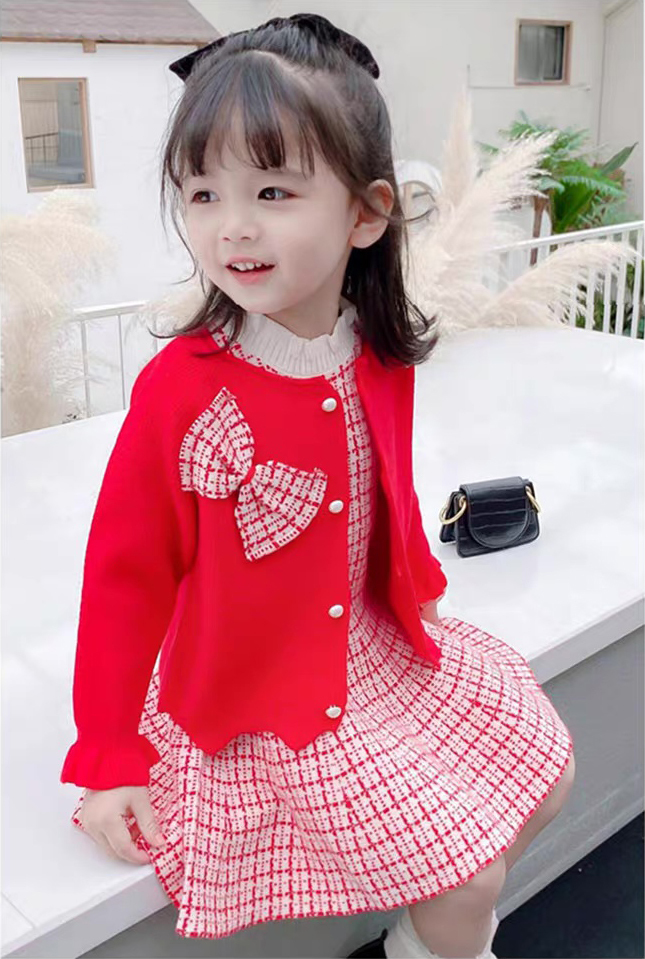 Factory Direct Girls’ Red Knit Cardigan and Plaid Tweed Dress Set