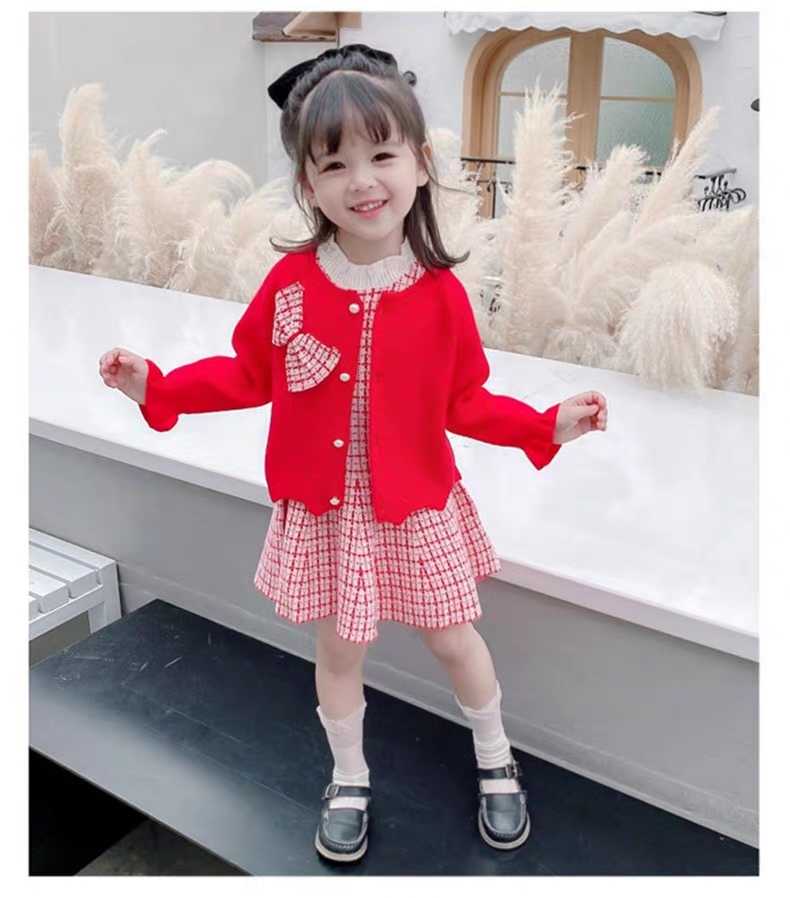 Factory Direct Girls’ Red Knit Cardigan and Plaid Tweed Dress Set