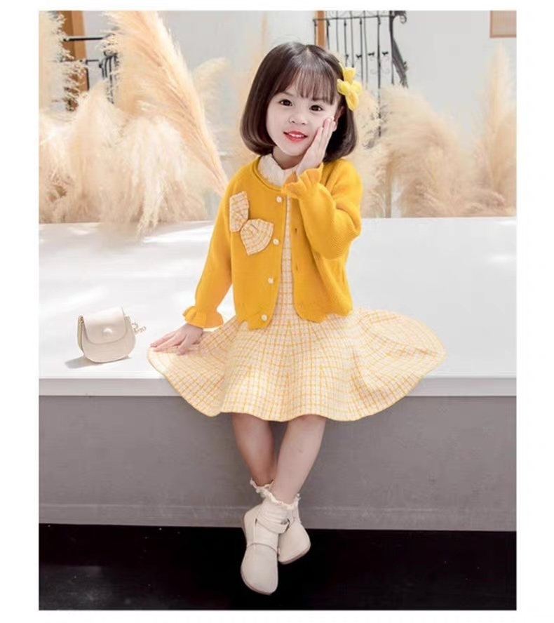 Factory Direct Girls’ Red Knit Cardigan and Plaid Tweed Dress Set