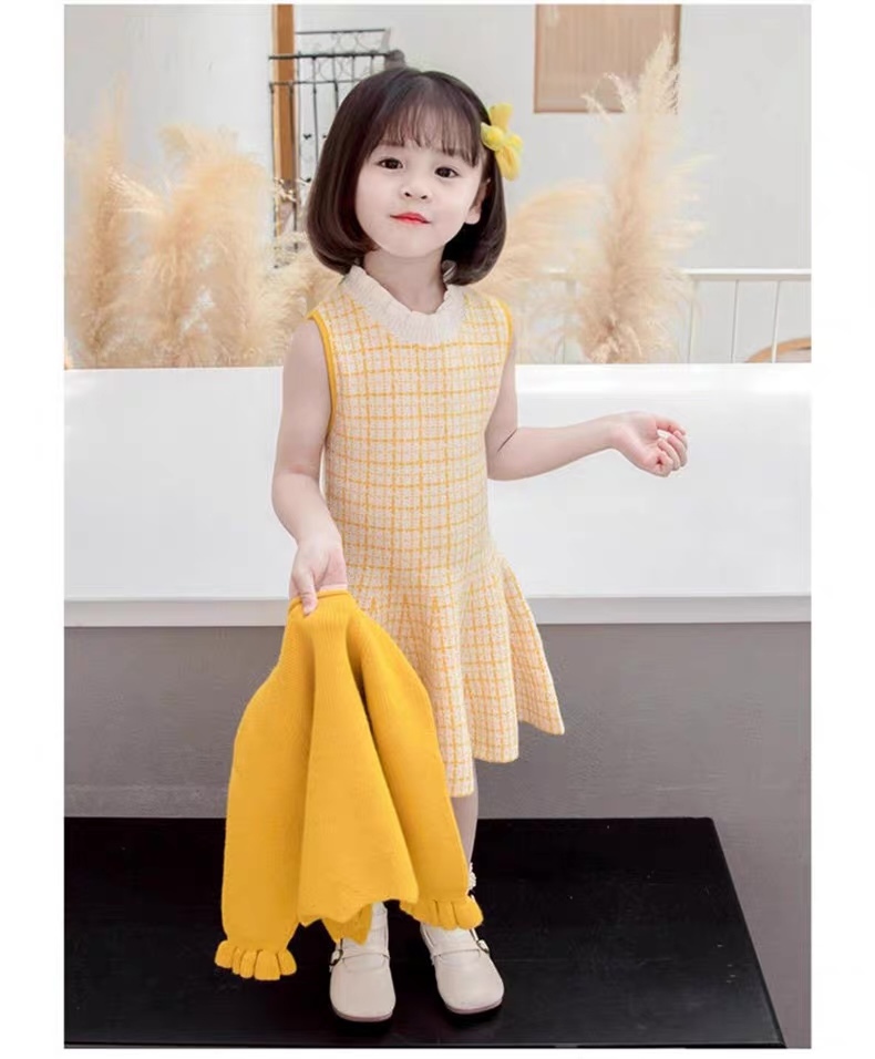 Factory Direct Girls’ Red Knit Cardigan and Plaid Tweed Dress Set