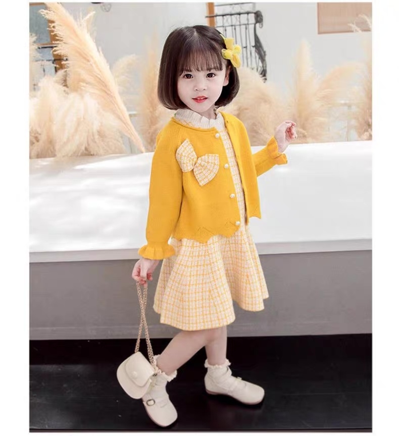 Factory Direct Girls’ Red Knit Cardigan and Plaid Tweed Dress Set