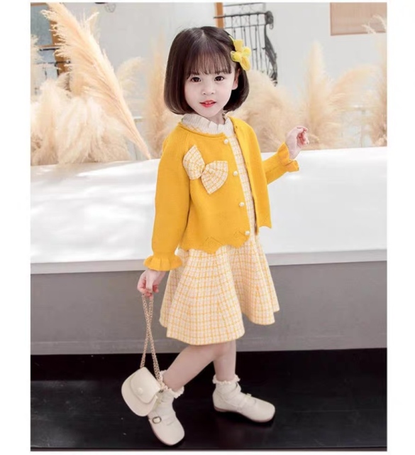 Factory Direct Girls’ Red Knit Cardigan and Plaid Tweed Dress Set