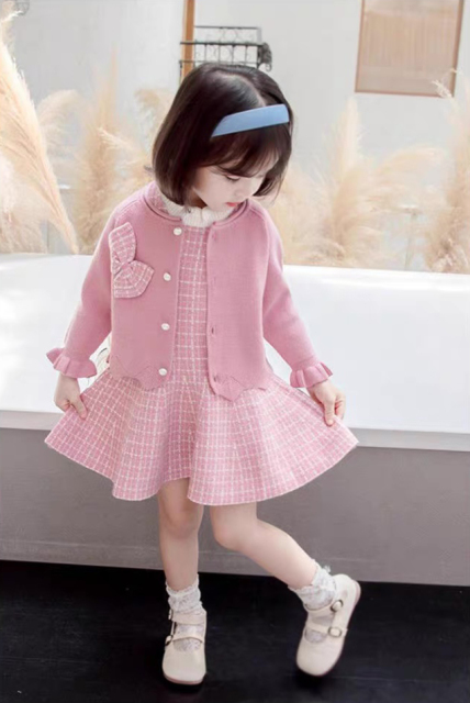 Factory Direct Girls’ Red Knit Cardigan and Plaid Tweed Dress Set