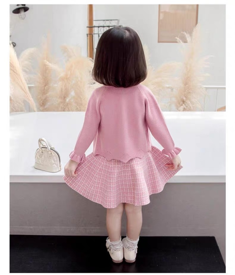 Factory Direct Girls’ Red Knit Cardigan and Plaid Tweed Dress Set
