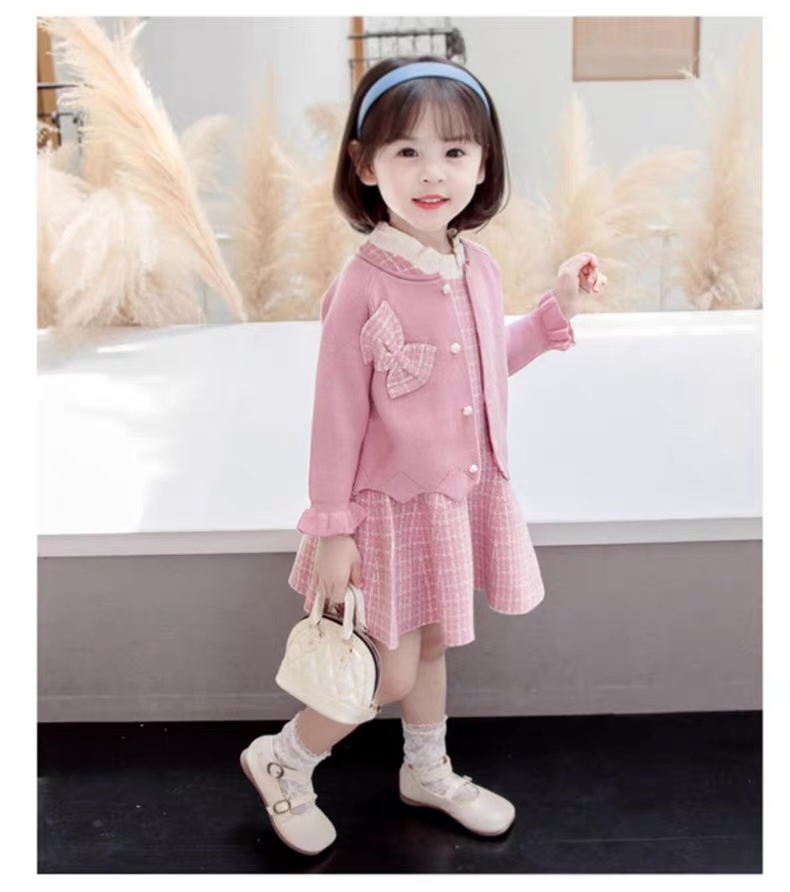 Factory Direct Girls’ Red Knit Cardigan and Plaid Tweed Dress Set