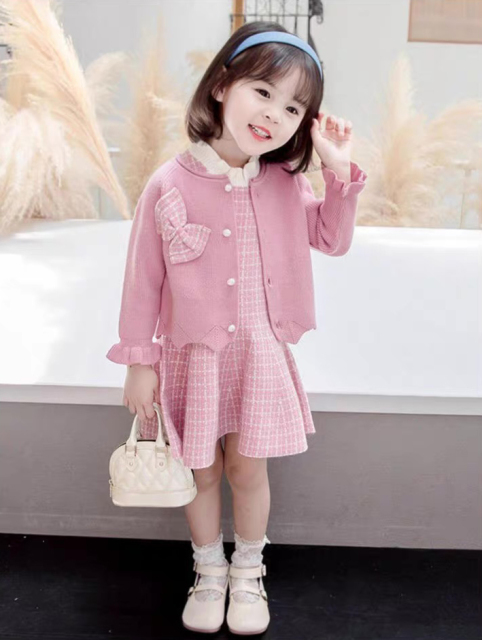 Factory Direct Girls’ Red Knit Cardigan and Plaid Tweed Dress Set