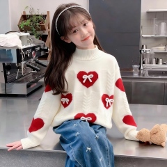 Personalized  Girls’ Cream Heart Bow Knit Sweater and Burgundy Jogger Pants Set