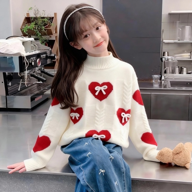 Personalized  Girls’ Cream Heart Bow Knit Sweater and Burgundy Jogger Pants Set