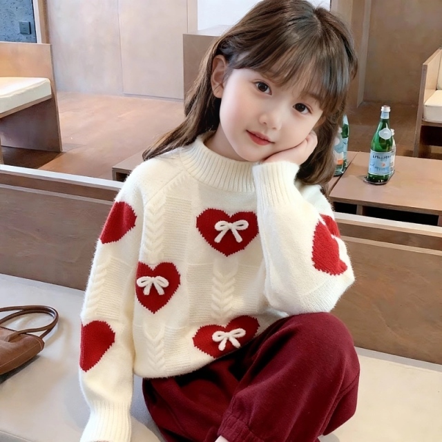 Personalized  Girls’ Cream Heart Bow Knit Sweater and Burgundy Jogger Pants Set
