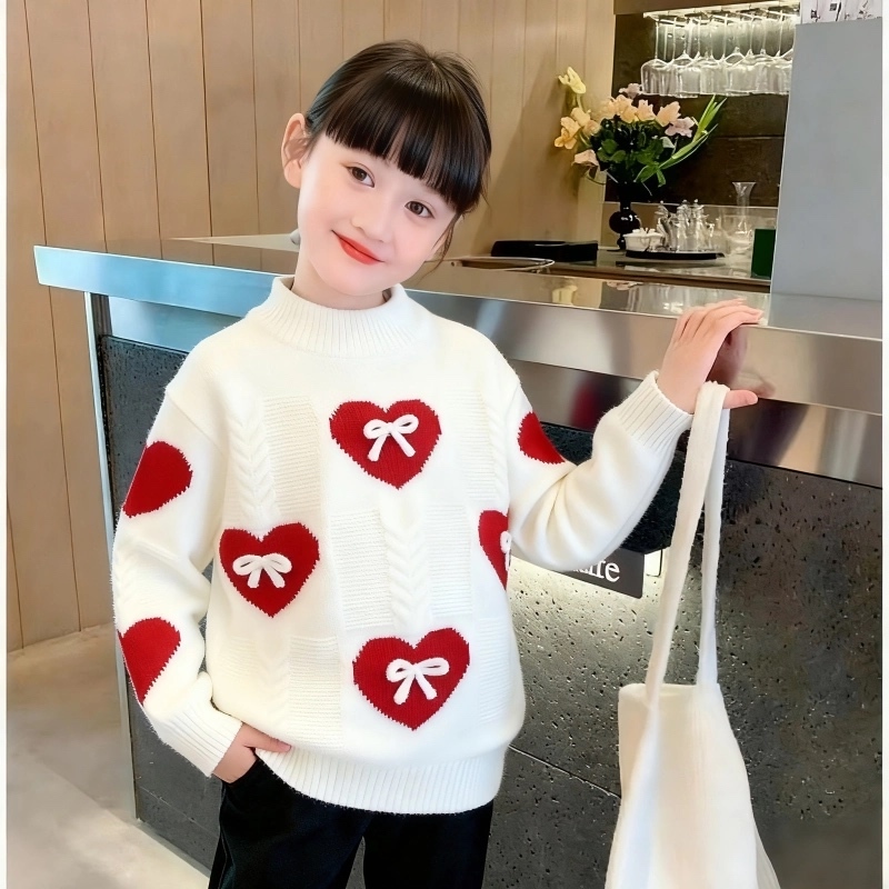 Personalized  Girls’ Cream Heart Bow Knit Sweater and Burgundy Jogger Pants Set