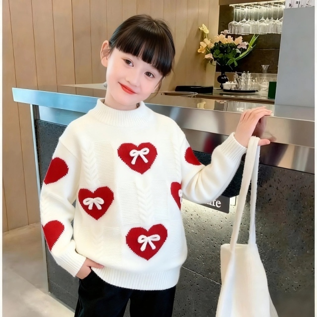 Personalized  Girls’ Cream Heart Bow Knit Sweater and Burgundy Jogger Pants Set