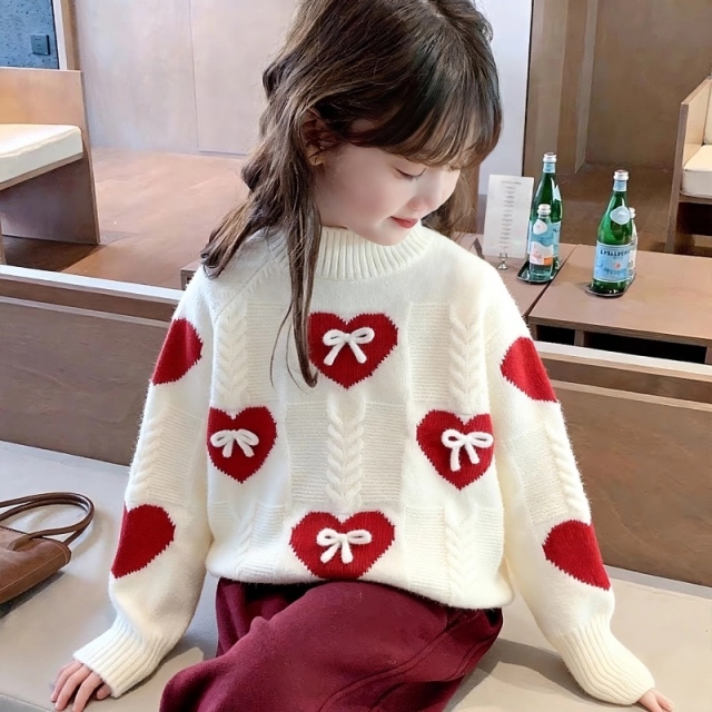 Personalized  Girls’ Cream Heart Bow Knit Sweater and Burgundy Jogger Pants Set