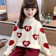 Personalized  Girls’ Cream Heart Bow Knit Sweater and Burgundy Jogger Pants Set