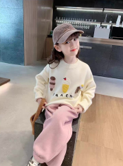 ODM OEM Girls’ Cream Ice Cream Graphic Sweatshirt and Pink Wide-Leg Pants Set