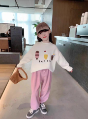 ODM OEM Girls’ Cream Ice Cream Graphic Sweatshirt and Pink Wide-Leg Pants Set