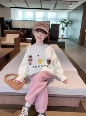 ODM OEM Girls’ Cream Ice Cream Graphic Sweatshirt and Pink Wide-Leg Pants Set