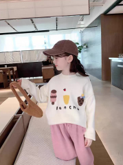 ODM OEM Girls’ Cream Ice Cream Graphic Sweatshirt and Pink Wide-Leg Pants Set