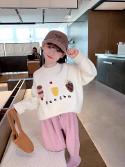 ODM OEM Girls’ Cream Ice Cream Graphic Sweatshirt and Pink Wide-Leg Pants Set