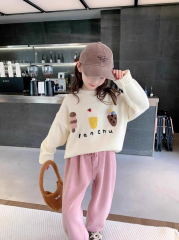 ODM OEM Girls’ Cream Ice Cream Graphic Sweatshirt and Pink Wide-Leg Pants Set