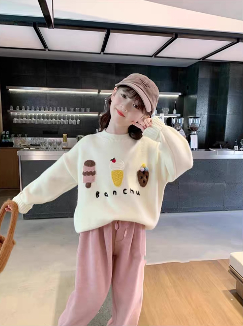 ODM OEM Girls’ Cream Ice Cream Graphic Sweatshirt and Pink Wide-Leg Pants Set