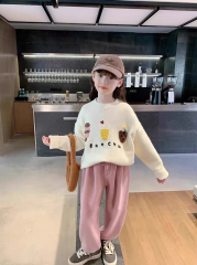 ODM OEM Girls’ Cream Ice Cream Graphic Sweatshirt and Pink Wide-Leg Pants Set