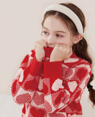 customized Girls’ Red and Cream Heart Pattern Knit Sweater