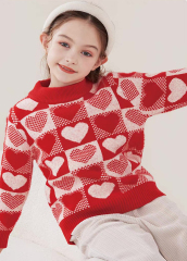 customized Girls’ Red and Cream Heart Pattern Knit Sweater