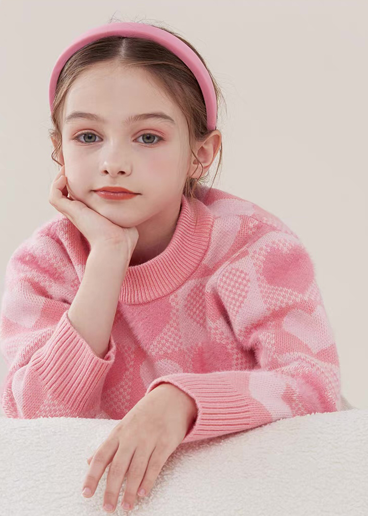 customized Girls’ Red and Cream Heart Pattern Knit Sweater
