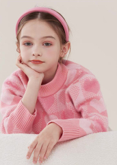 customized Girls’ Red and Cream Heart Pattern Knit Sweater